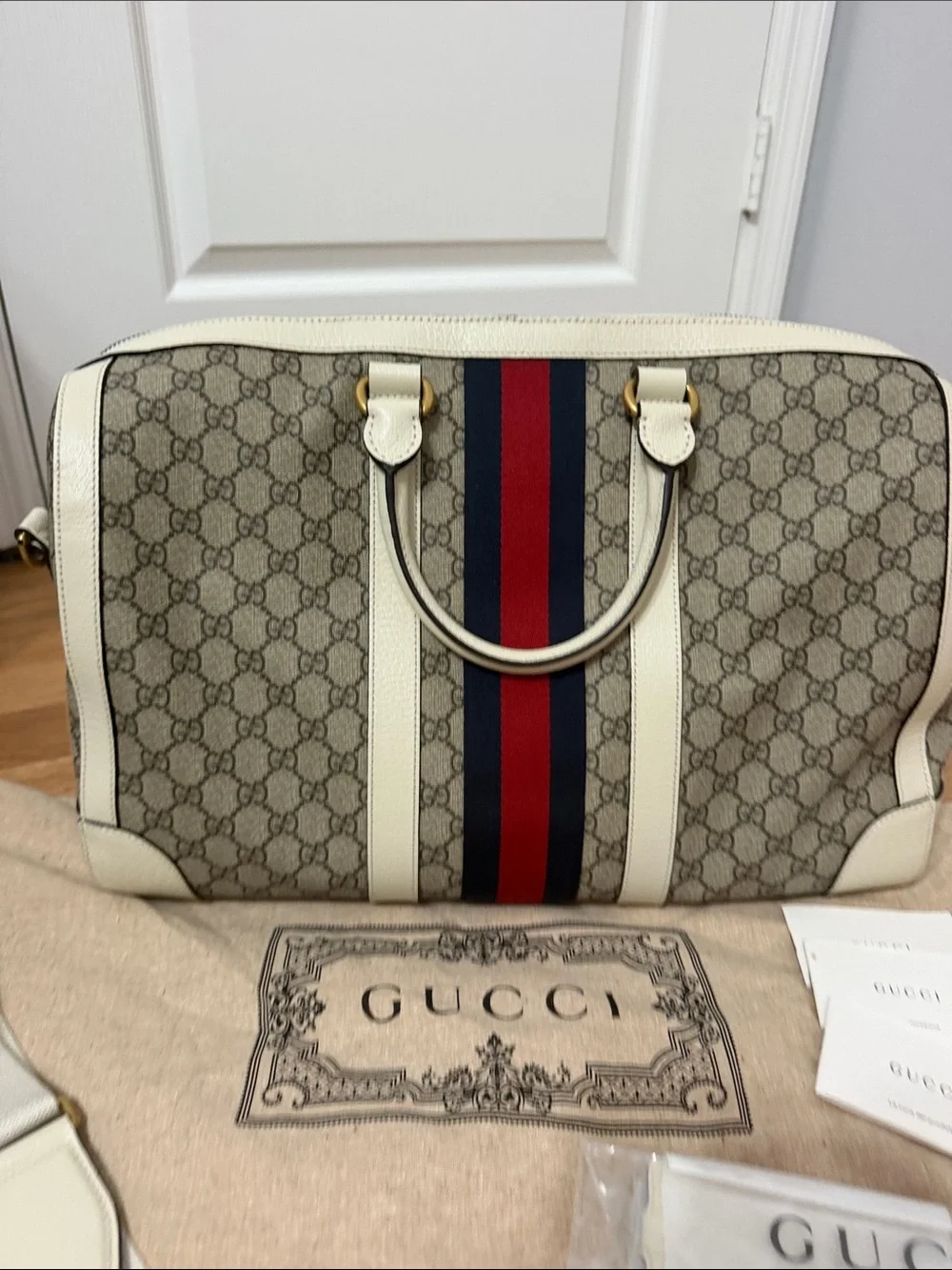 Gucci Beige GG Supreme Canvas Tote with Red and Navy Web and White Leather Trim